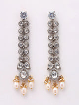 Polki Diamond and Pearl Drop Long Earrings in Sterling Silver
