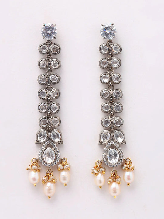 Polki Diamond and Pearl Drop Long Earrings in Sterling Silver