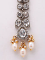 Polki Diamond and Pearl Drop Long Earrings in Sterling Silver