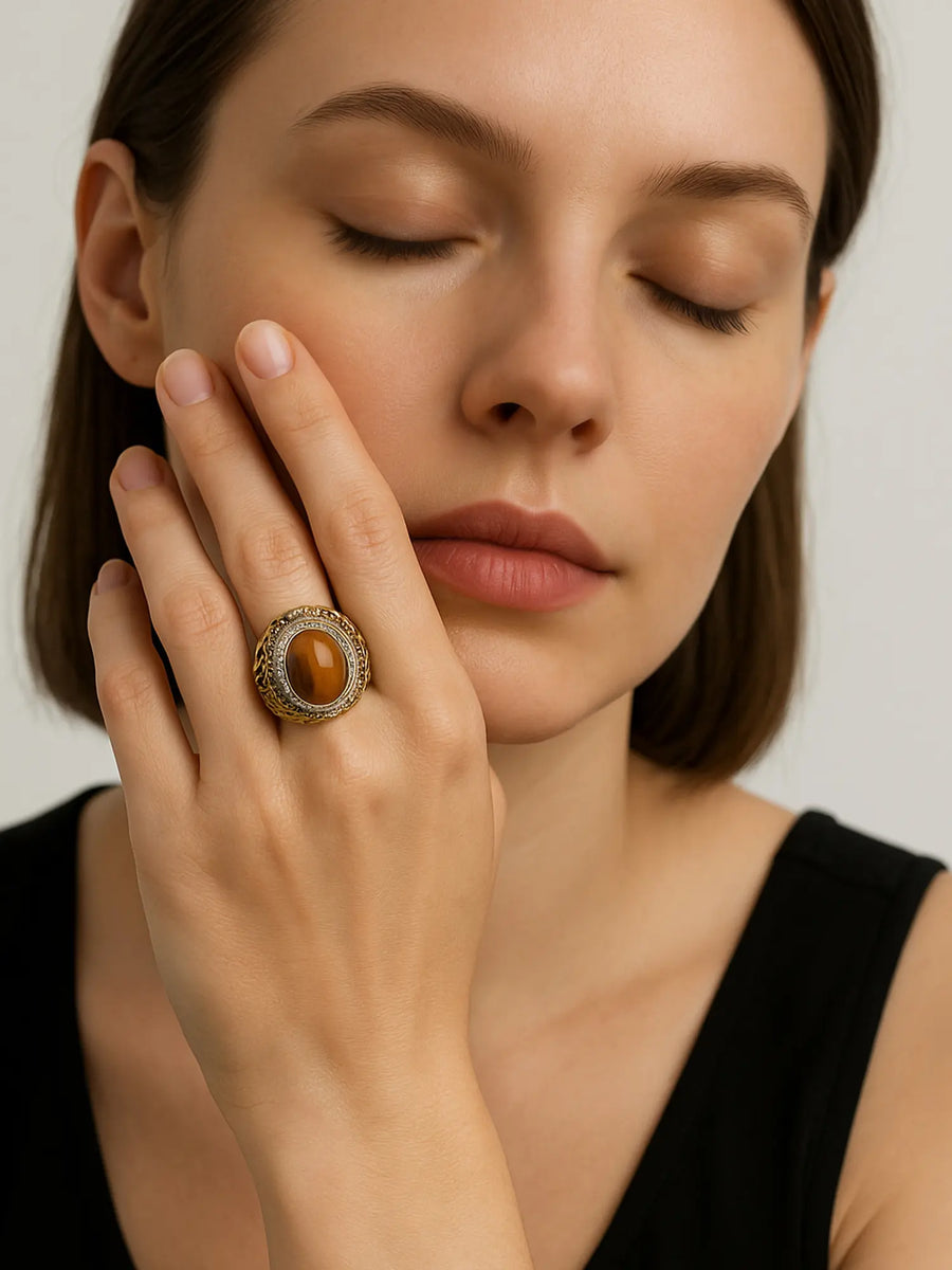 Oval Tiger Eye and Scrollwork Sterling Silver Ring