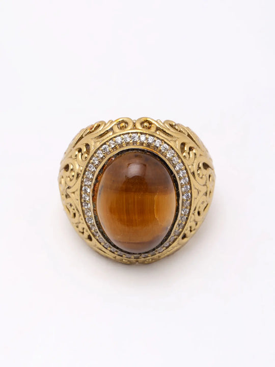 Oval Tiger Eye and Scrollwork Sterling Silver Ring
