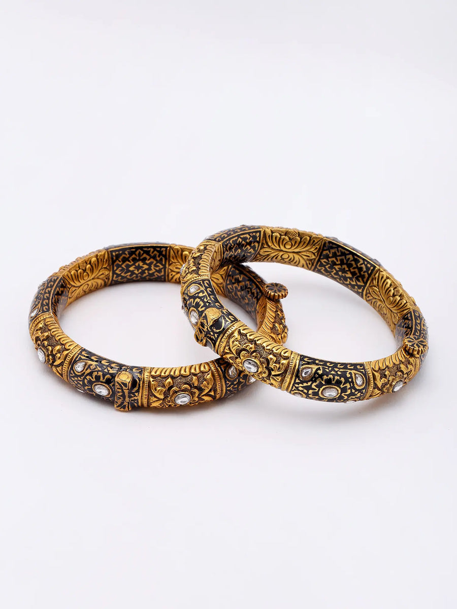Floral Sterling Silver Bangles with Semi Precious Stones (Set of 2)
