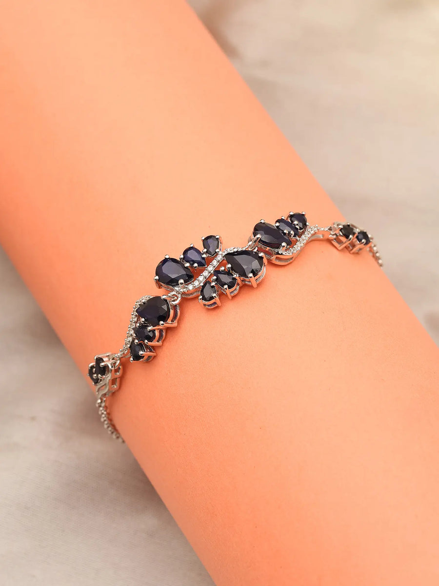 Floral Vine Blue Sapphire and CZ Sterling Silver Bracelet