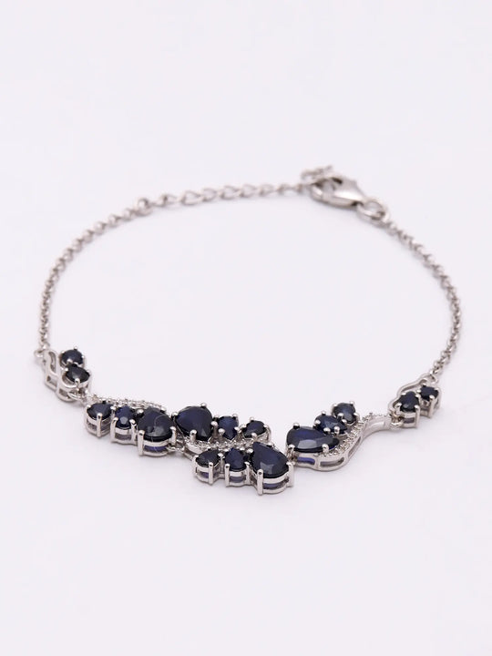 Floral Vine Blue Sapphire and CZ Sterling Silver Bracelet