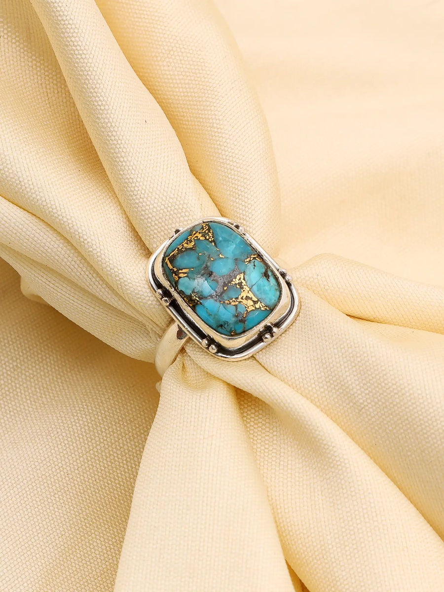 Copper Turquoise Rectangular Sterling Silver Ring