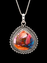Pink Spiny Oyster and Copper Turquoise Silver Wire Pendant