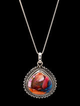 Pink Spiny Oyster and Copper Turquoise Silver Wire Pendant