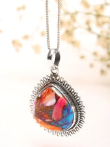 Pink Spiny Oyster and Copper Turquoise Silver Wire Pendant