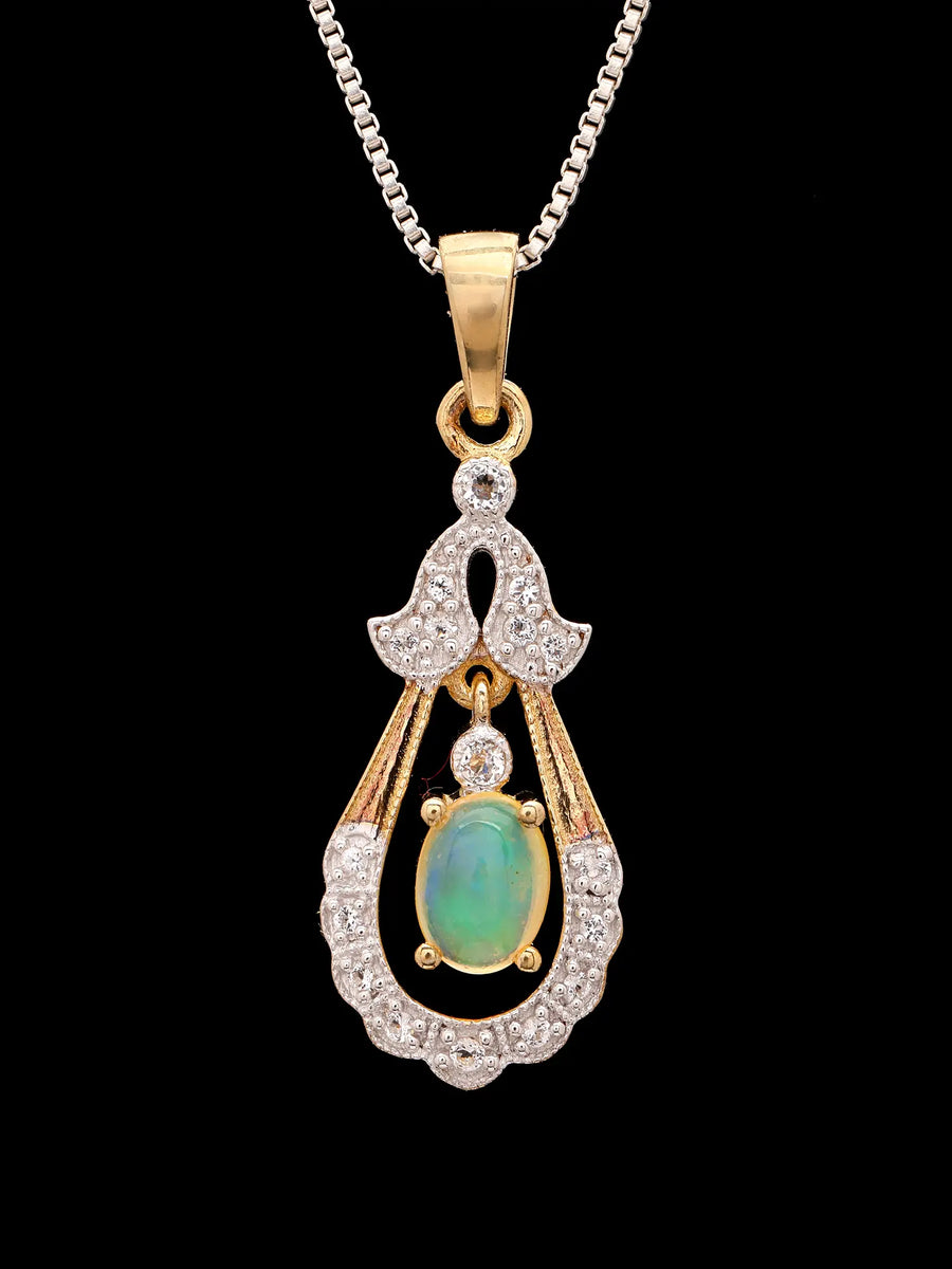 Oval Opal and Pavé Silver Teardrop Pendant
