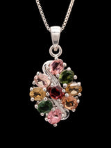 Multicolour Oval Cluster and Silver Wave Sterling Silver Pendant