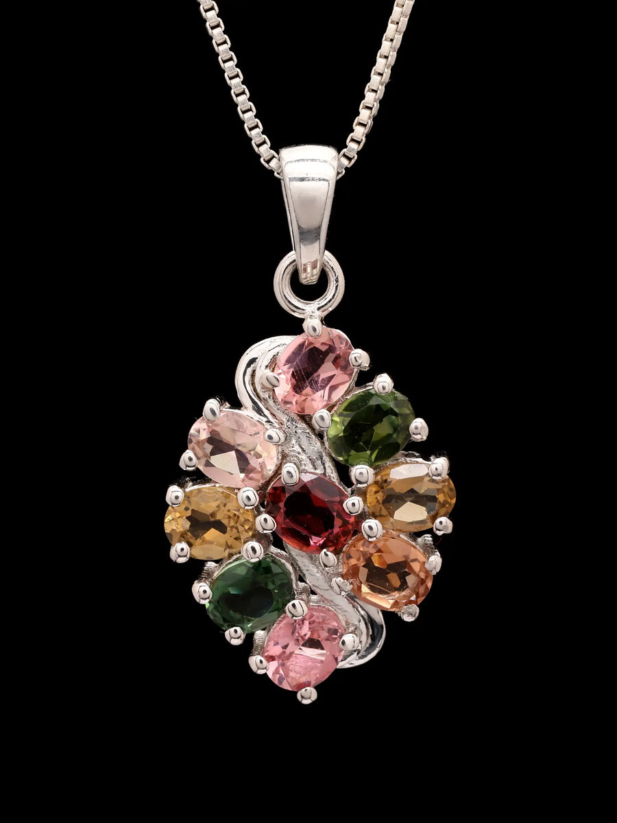 Multicolour Oval Cluster and Silver Wave Sterling Silver Pendant