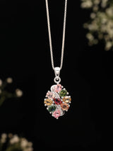 Multicolour Oval Cluster and Silver Wave Sterling Silver Pendant