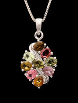 Multicolour Oval Cluster and Silver Wave Sterling Silver Pendant