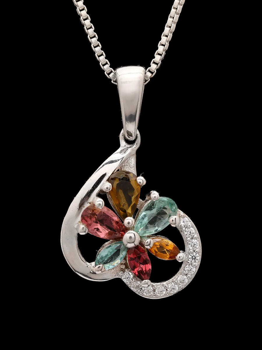 Floral Multicolour Gemstone Sterling Silver Heart Pendant