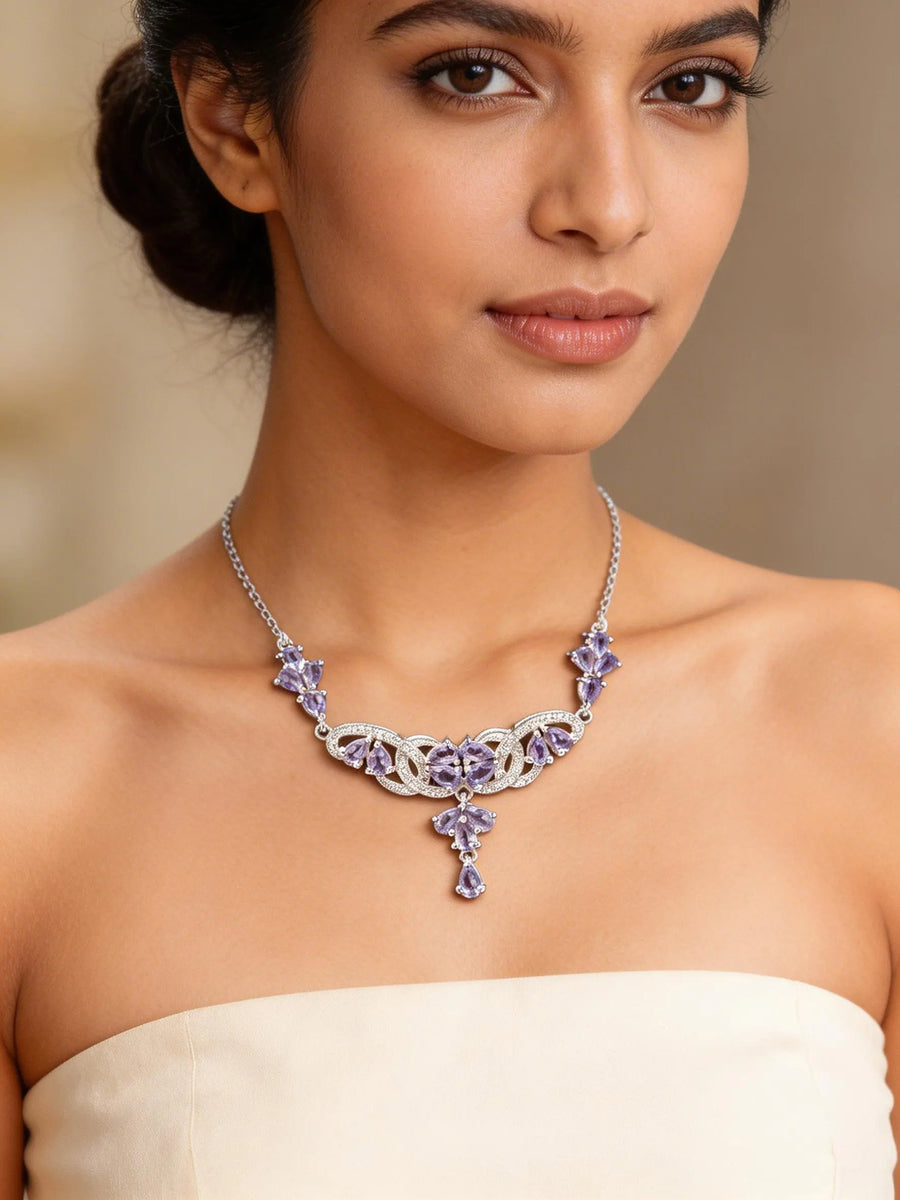 Pear Cut Tanzanite Floral Cluster Sterling Silver Necklace