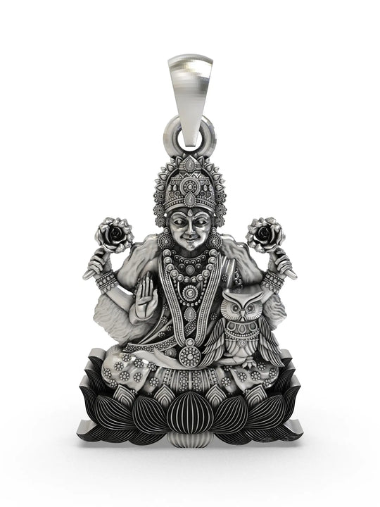 Goddess Lakshmi and Owl Temple Sterling Silver Pendant