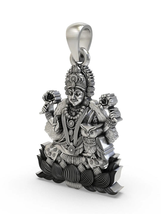 Goddess Lakshmi and Owl Temple Sterling Silver Pendant