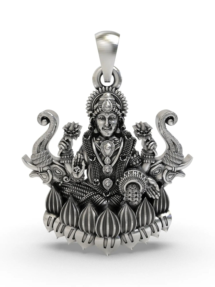Goddess Gajalakshmi on Lotus Sterling Silver Pendant