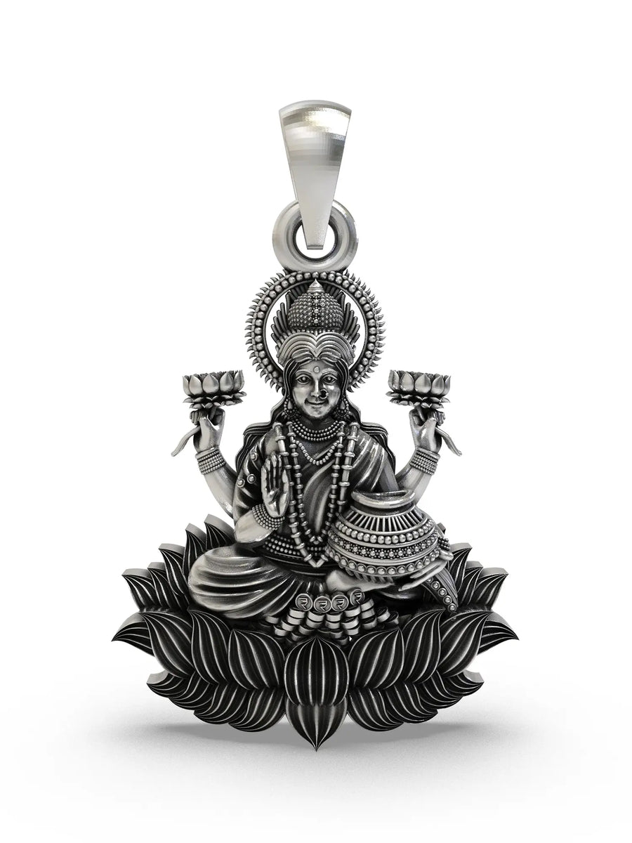 Goddess Lakshmi on Lotus Temple Sterling Silver Pendant