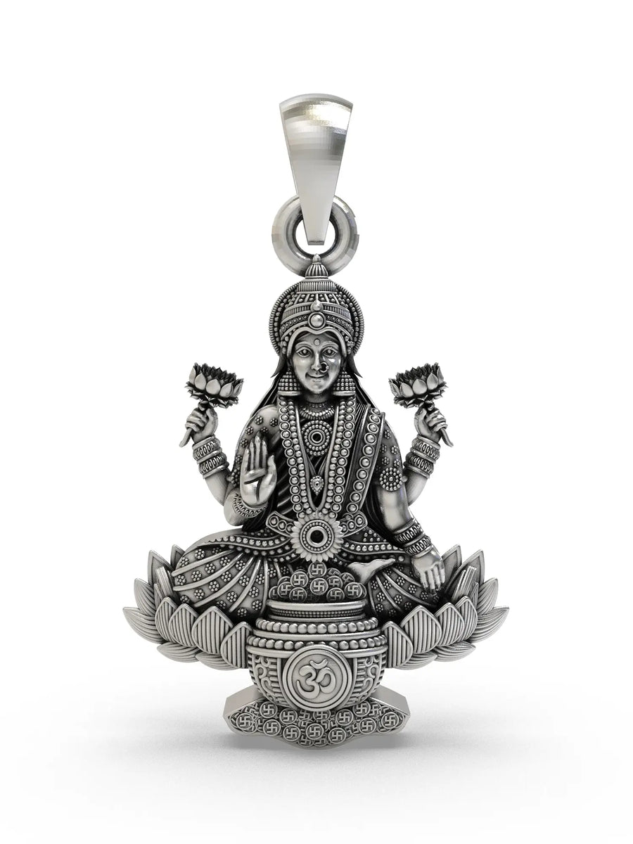 Lakshmi and Om Lotus Temple Sterling Silver Pendant