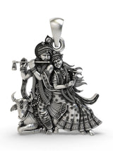 Radha Krishna with Flute and Cow Sterling Silver Pendant