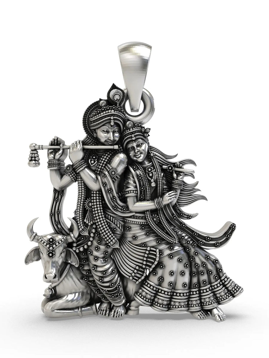 Radha Krishna with Flute and Cow Sterling Silver Pendant
