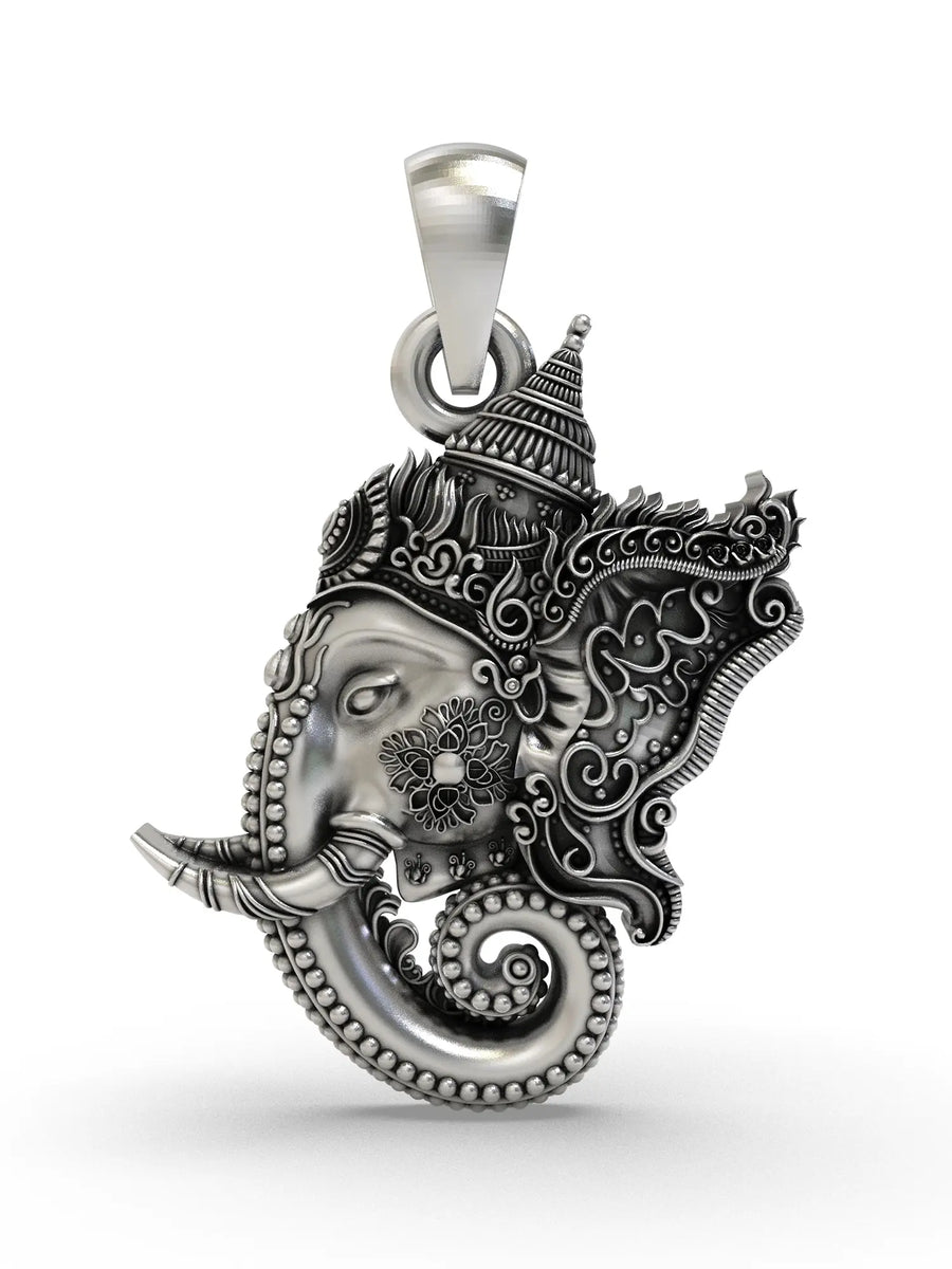 Lord Ganesha Sterling Silver Pendant with Ornamental Detailing