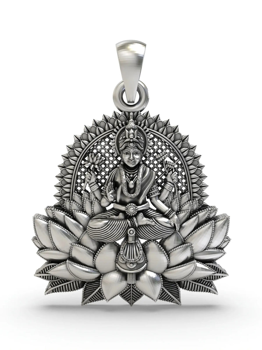 Goddess Lakshmi on Lotus Temple Sterling Silver Pendant