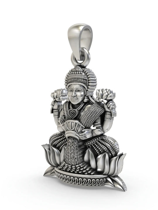 Goddess Lakshmi on Lotus Temple Sterling Silver Pendant