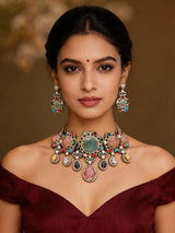 Multicolour Stone Studded Choker Necklace and Earrings Set
