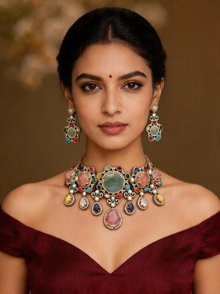 Multicolour Stone Studded Choker Necklace and Earrings Set