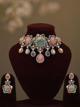 Multicolour Stone Studded Choker Necklace and Earrings Set