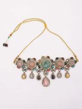 Multicolour Stone Studded Choker Necklace and Earrings Set