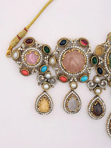 Multicolour Stone Studded Choker Necklace and Earrings Set