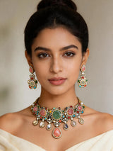 Multicolour Stone Studded Choker Necklace and Earrings Set