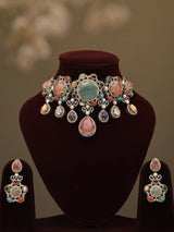 Multicolour Stone Studded Choker Necklace and Earrings Set