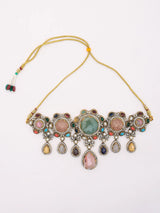 Multicolour Stone Studded Choker Necklace and Earrings Set