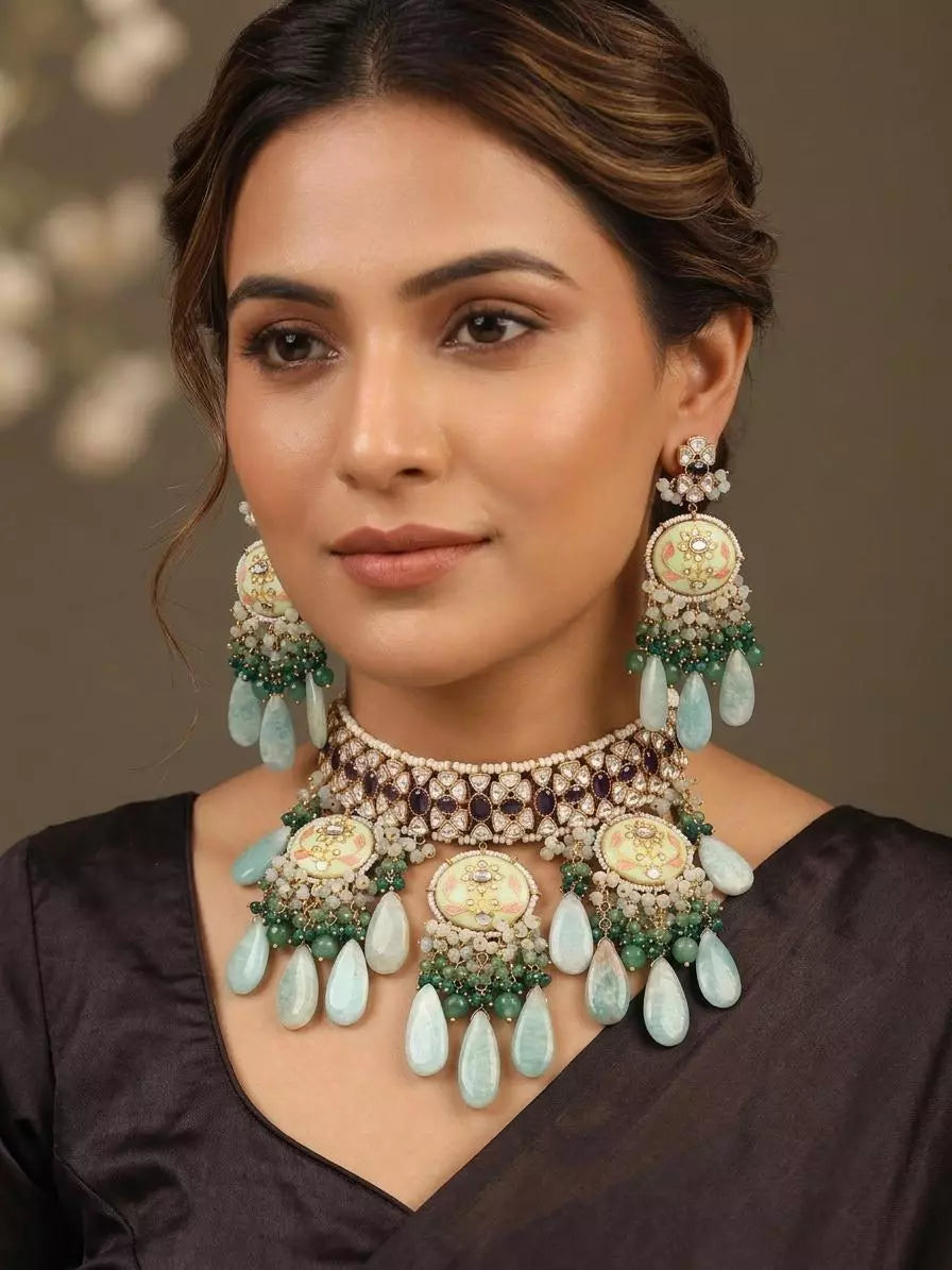 Meenakari Floral Brass Choker Necklace Set with Earrings