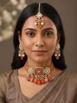 Beaded Orange Stone Multistrand Choker Necklace and Earring Set