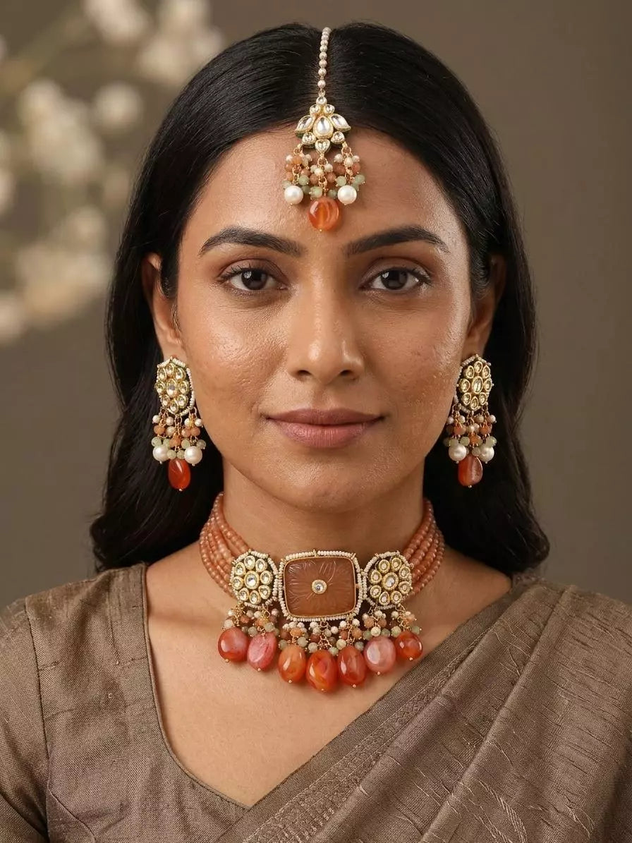 Beaded Orange Stone Multistrand Choker Necklace and Earring Set