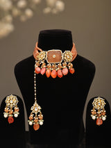 Beaded Orange Stone Multistrand Choker Necklace and Earring Set