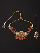 Beaded Orange Stone Multistrand Choker Necklace and Earring Set