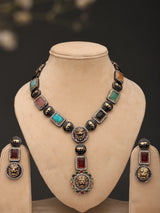 Lion Motif V-Shaped Brass Statement Necklace and Earrings Set