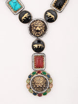 Lion Motif V-Shaped Brass Statement Necklace and Earrings Set