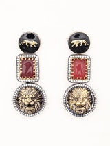 Lion Motif V-Shaped Brass Statement Necklace and Earrings Set