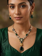 Brass Stone Studded V Shape Statement Necklace and Earrings Set