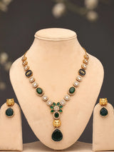 Brass Stone Studded V Shape Statement Necklace and Earrings Set