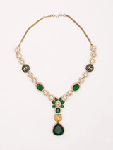 Brass Stone Studded V Shape Statement Necklace and Earrings Set