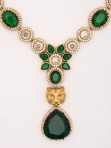 Brass Stone Studded V Shape Statement Necklace and Earrings Set