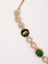 Brass Stone Studded V Shape Statement Necklace and Earrings Set